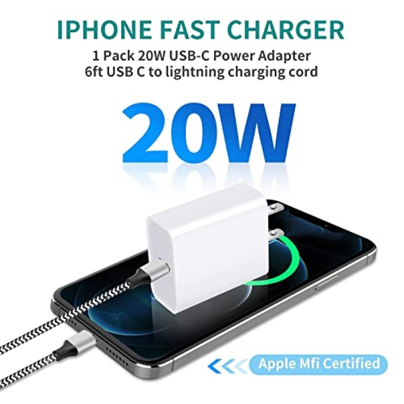 iPhone 고속 충전기, 20W USB C 벽면 충전기 Apple MFi 인증 6FT iPhone 충전 케이블로 고속 충전 iPhone 14/13/12/12 Pro/Max/11/11Pro/XS/Max/XR/X/8/8Plus,iPad와 호환 가능 [2팩]