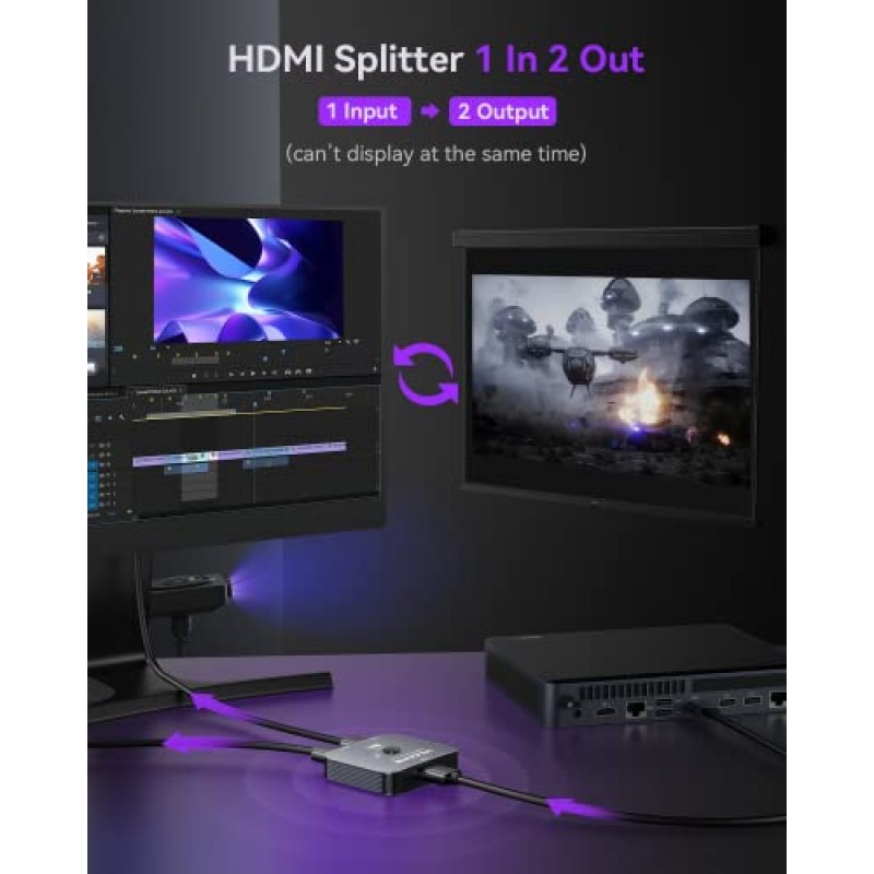 Vilcome HDMI 2.1 스위치, Ultra HD 8K HDMI 스위처 분배기 2 in 1 Out, 양방향 HDMI 스위처는 4K@120Hz, 8K@60Hz를 지원하며 PS5/4, Xbox, Roku, Apple TV, Fire Stick용 알루미늄 HDMI 스위치