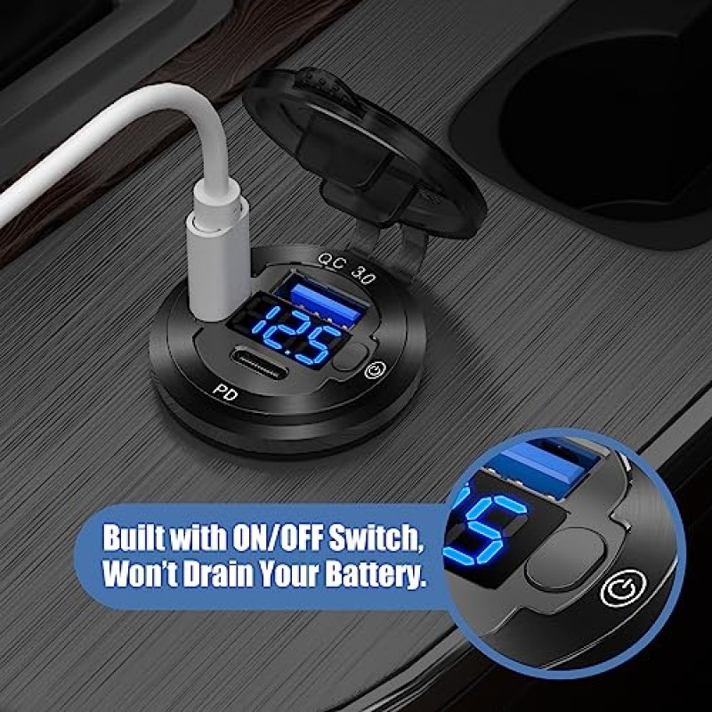 12V USB 차량용 소켓 라운드 USB C 12V 콘센트, 3포트 해양 USB 고속 충전기 방수 담배 콘센트 USB 교체 알루미늄 스위치 및 전압계 포함, 보트 골프 카트 RV 오토바이 트럭에 적합