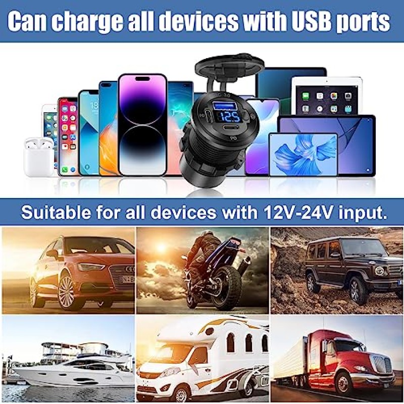 12V USB 차량용 소켓 라운드 USB C 12V 콘센트, 3포트 해양 USB 고속 충전기 방수 담배 콘센트 USB 교체 알루미늄 스위치 및 전압계 포함, 보트 골프 카트 RV 오토바이 트럭에 적합