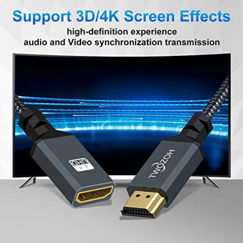 Twozoh HDMI 연장 케이블 1FT 2 팩, 4K HDMI 연장기 수-암 코드, 나일론 편조 HDMI 2.0 케이블 어댑터 지원 4K@60Hz 3D HDR