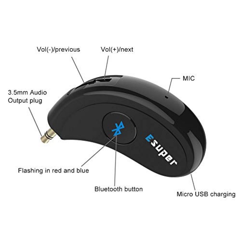 블루투스 수신기/핸즈프리 차량용 키트, Esuper 휴대용 3.5mm 블루투스 Aux 어댑터 가정용 무선 음악 스트리밍, 차량용 오디오 시스템, 헤드폰, 스피커(블루투스 4.2,A2DP,40피트 블루투스 범위)