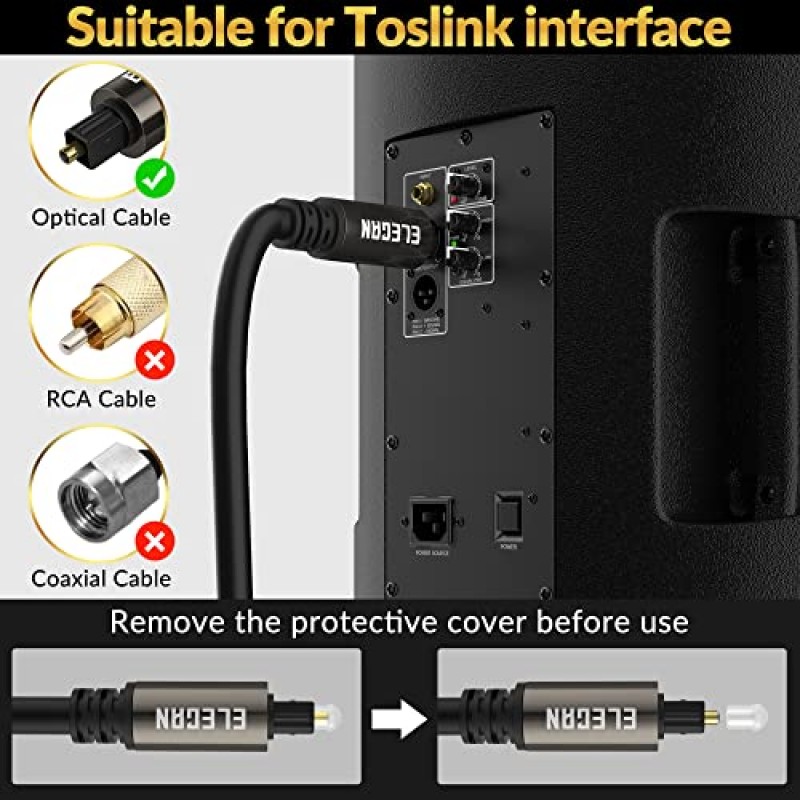 Elecan 광 오디오 케이블 8피트/2팩 디지털 오디오 Toslink 케이블 코드-광섬유-금도금-유연성 및 내구성-홈 시어터, 사운드 바, PS4 및 Xbox용-직각 + 미니 Toslink 어댑터 + 타이 포함