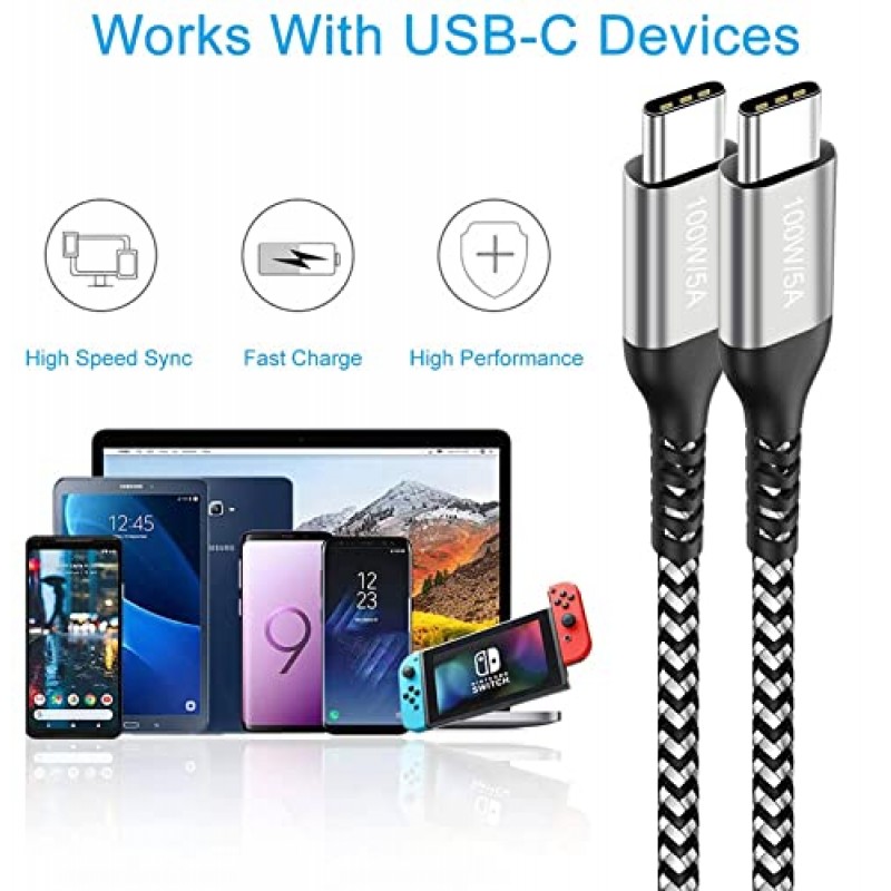 6.6FT 긴 USB-C - USB-C 케이블 100W 2팩, MacBook Pro, iPad Pro/iMac Air, Samsung Galaxy S23 S22 Note 20 10, OnePlus 9, PS5용 C형 20V/5A 고속 PD 충전기 편조 코드 아이패드 미니 6, 블랙+화이트