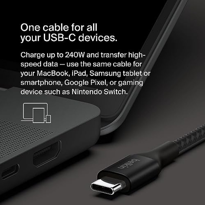 Belkin BoostCharge USB-C-USB-C 전원 케이블(2M, 6.6피트), 240W 전력 공급 고속 충전 케이블, USB-IF 인증, MacBook Pro, Chromebook, Samsung Galaxy, iPad 등과 호환 가능 - 블랙