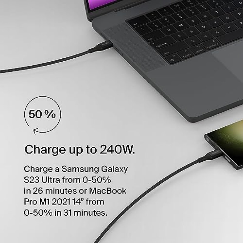 Belkin BoostCharge USB-C-USB-C 전원 케이블(2M, 6.6피트), 240W 전력 공급 고속 충전 케이블, USB-IF 인증, MacBook Pro, Chromebook, Samsung Galaxy, iPad 등과 호환 가능 - 블랙