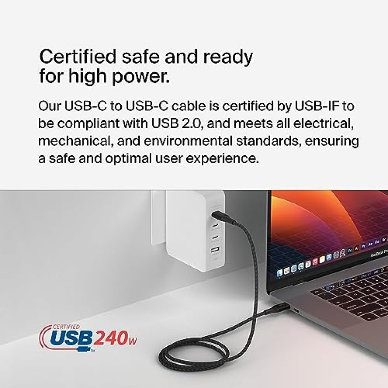 Belkin BoostCharge USB-C-USB-C 전원 케이블(2M, 6.6피트), 240W 전력 공급 고속 충전 케이블, USB-IF 인증, MacBook Pro, Chromebook, Samsung Galaxy, iPad 등과 호환 가능 - 블랙