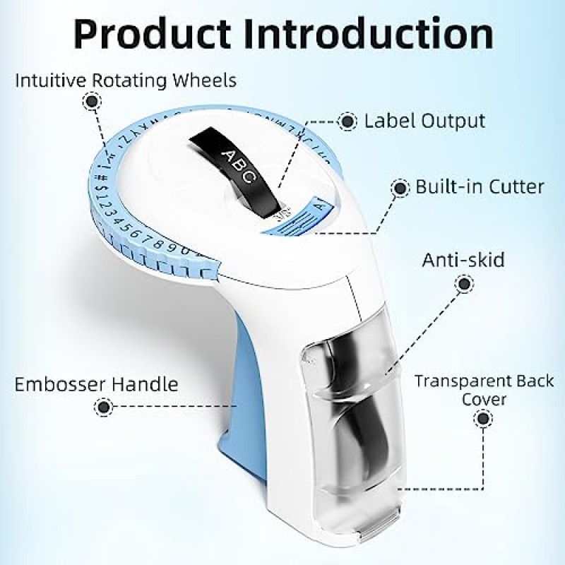 Aken 엠보싱 라벨 메이커, OmegaS 3D 엠보서 핸드헬드 엠보싱 라벨 메이커, 사무실 홈 DIY 조직용 검정색 엠보싱 테이프 5개가 포함된 레트로 휴대용 레터링 엠보싱 라벨러, 블루