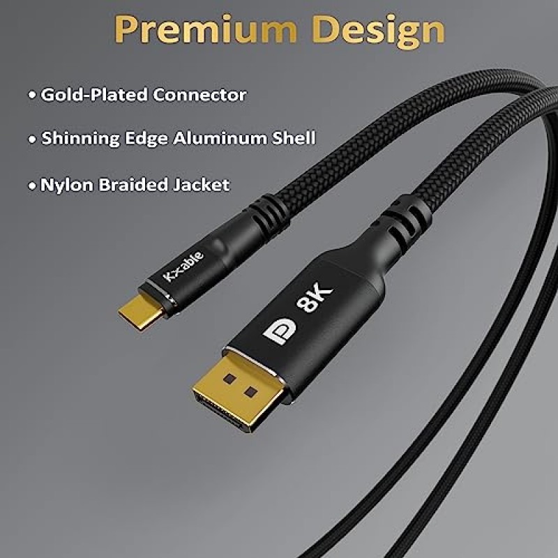 USB C-DisplayPort 1.4 케이블 4 FT, 8K@60Hz, 4K@120Hz, Thunderbolt 4/3 Type C-DP 코드, 편조, MacBook Pro/Air, iPad Pro, iPhone 15 Pro/Pro용(Thunderbolt 4/3 호환) 맥스, 갤럭시, XPS