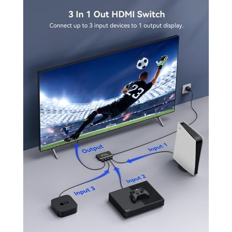 HDMI 스위치 3 in 1 Out 4K@60Hz, 원격 기능이 있는 GANA HDMI 분배기 스위처, 3D, HDCP2.2, HDR용 알루미늄 HDMI 2.0 스위치 박스 허브, Xbox, PS5/4/3, Fire Stick, Roku, Blu-Ray와 호환 가능 플레이어, 블랙