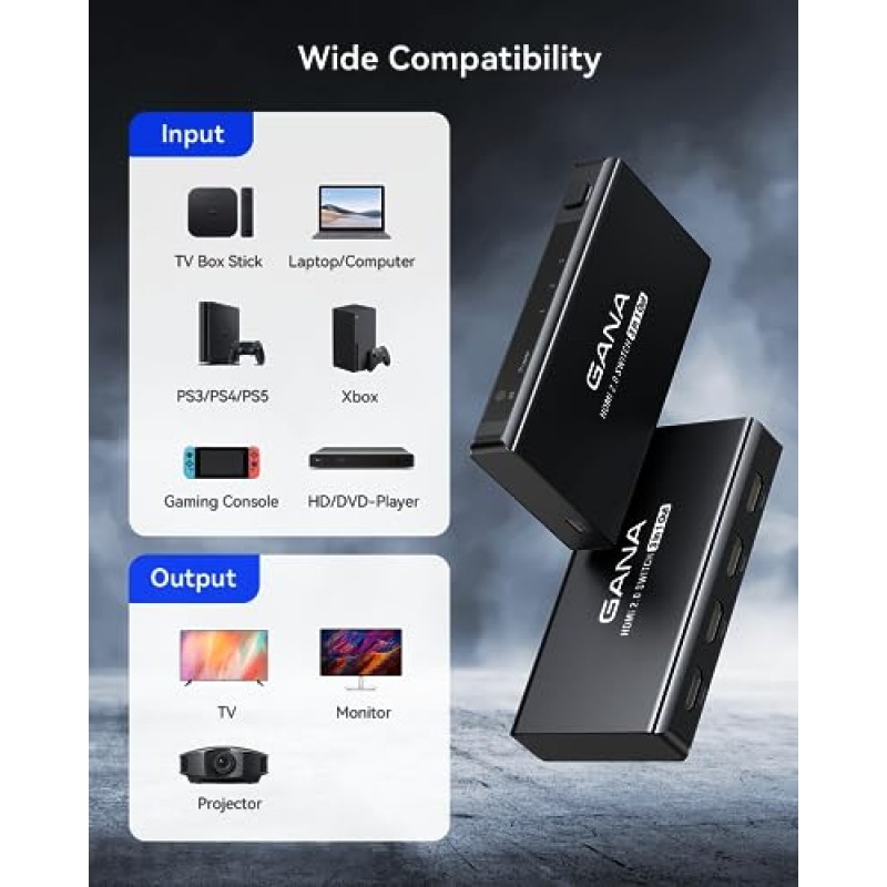 HDMI 스위치 3 in 1 Out 4K@60Hz, 원격 기능이 있는 GANA HDMI 분배기 스위처, 3D, HDCP2.2, HDR용 알루미늄 HDMI 2.0 스위치 박스 허브, Xbox, PS5/4/3, Fire Stick, Roku, Blu-Ray와 호환 가능 플레이어, 블랙