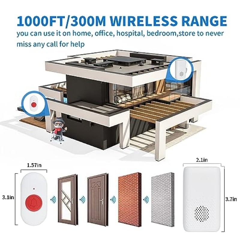 간병인 호출기 무선 호출 버튼 경고 시스템 SOS 호출 버튼 진동 호출기 58개의 멜로디를 갖춘 간호사 호출 경고 시스템 4 환자 노인을 위한 볼륨 레벨 조정 집에서 노인 모니터링