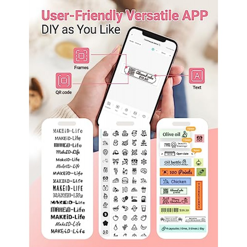 Makeid 라벨 제작기, L1 라벨 제작기, 가정, 학교, 사무실용 휴대용 무선 스티커 라벨 제작기, 여러 글꼴이 있는 충전식 열전사 프린터, 템플릿 - 분홍색, 203dpi