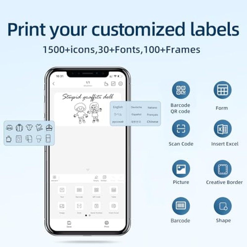 라벨 메이커 - B1 열전사 라벨 프린터 테이프가 있는 2인치 휴대용 블루투스 라벨 메이커, 전화 및 PC 지원, 사무실, 가정, 비즈니스, 의류, 주소, 우편물 발송(1롤 라벨 포함)에 사용하기 쉽습니다.