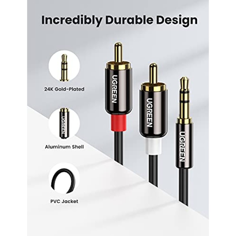 UGREEN 3.5mm - RCA 케이블, 16FT RCA 남성 - Aux 오디오 어댑터 HiFi 사운드 헤드폰 잭 어댑터 금속 쉘 RCA Y 분배기 RCA 보조 코드 1/8 - RCA 커넥터 전화 스피커 MP3 태블릿 HDTV