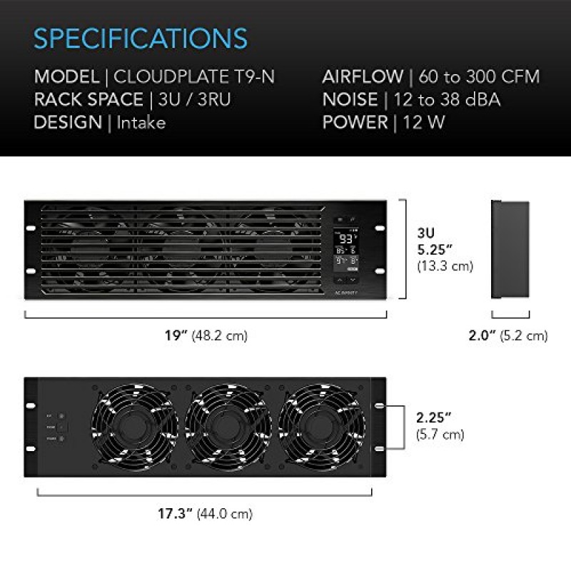 AC Infinity CLOUDPLATE T9-N, 랙 마운트 팬 패널 3U, 흡기 공기 흐름, AV 냉각용, 홈 시어터, 네트워크 19인치 랙