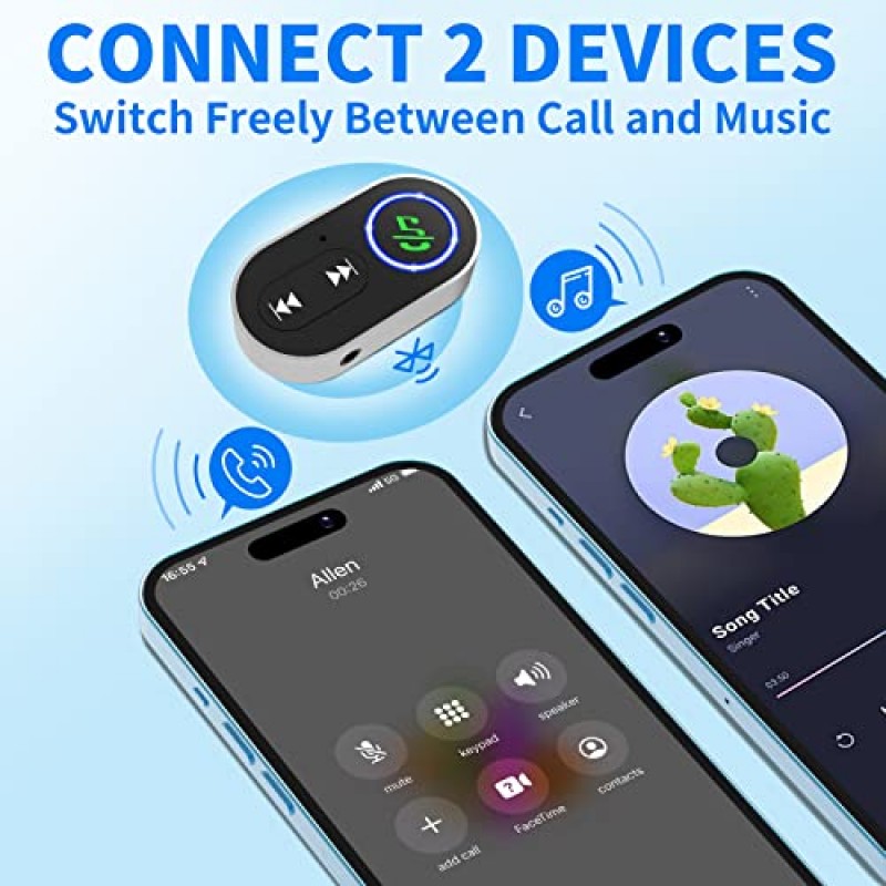 차량용 Bluetooth AUX 수신기, SDNCIE Bluetooth 5.1 차량용 능동형 소음 차단 무선 오디오 수신기 스테레오/홈 스피커/유선 헤드폰/음악/핸즈프리 통화, 16시간 배터리 수명/듀얼 연결