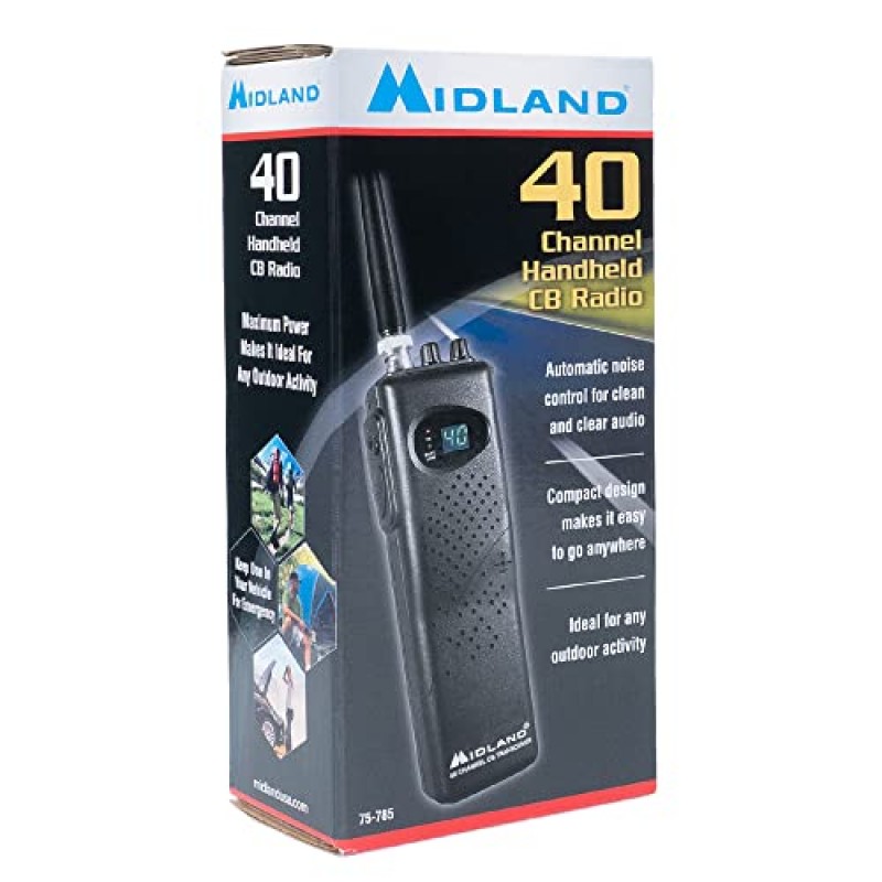 Midland® - 75-785 4와트 전력 휴대용 CB 라디오 - 고/저 전력 설정 및 잡음 제어 기능을 갖춘 내구성 있는 라디오 모바일 라디오 - DC 입력이 포함된 40채널 - 견고한 구조