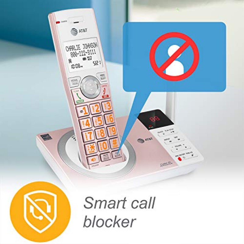 AT&T CL82257 DECT 6.0 자동 응답기, 통화 차단, 발신자 ID 아나운서, 인터콤 및 장거리 기능을 갖춘 가정용 2핸드셋 무선 전화기, 로즈 골드