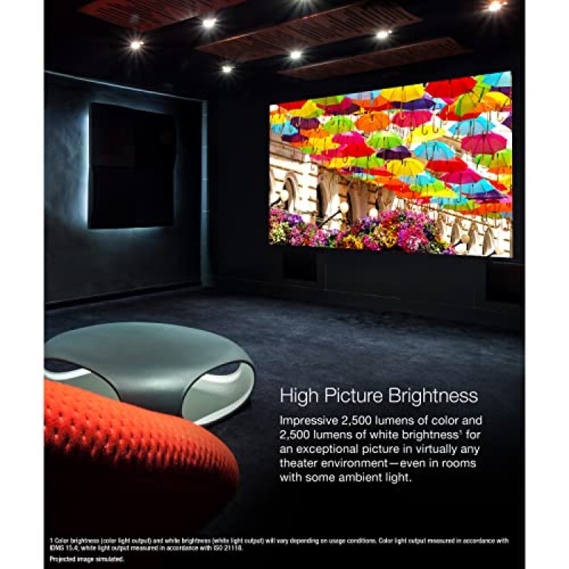 Epson Home Cinema LS11000 4K PRO-UHD 레이저 프로젝터, HDR, HDR10+, 2,500루멘 컬러 및 백색 밝기, HDMI 2.1, 전동 렌즈, 렌즈 이동, 초점, 줌, 3840 x 2160, 120Hz, 홈 시어터, 게임