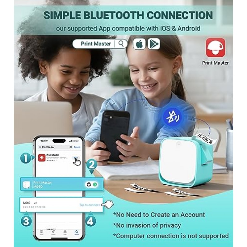 Vixic 라벨 메이커 M960, 블루투스 라벨 메이커 기계(테이프 포함), 미니 라벨 메이커 프린터 iOS Android와 호환되는 휴대용 라벨러 개학 홈 오피스 정리, 충전식 어린이에게 적합