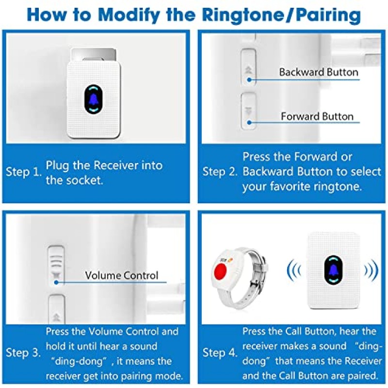Daytech 무선 손목 호출기 홈 시스템의 간병인 호출 버튼 시계 알람 간호사 환자를 위한 개인 도움 알림 노인 환자를 위한 알림 시계 호출 버튼 2개 플러그인 수신기 2개