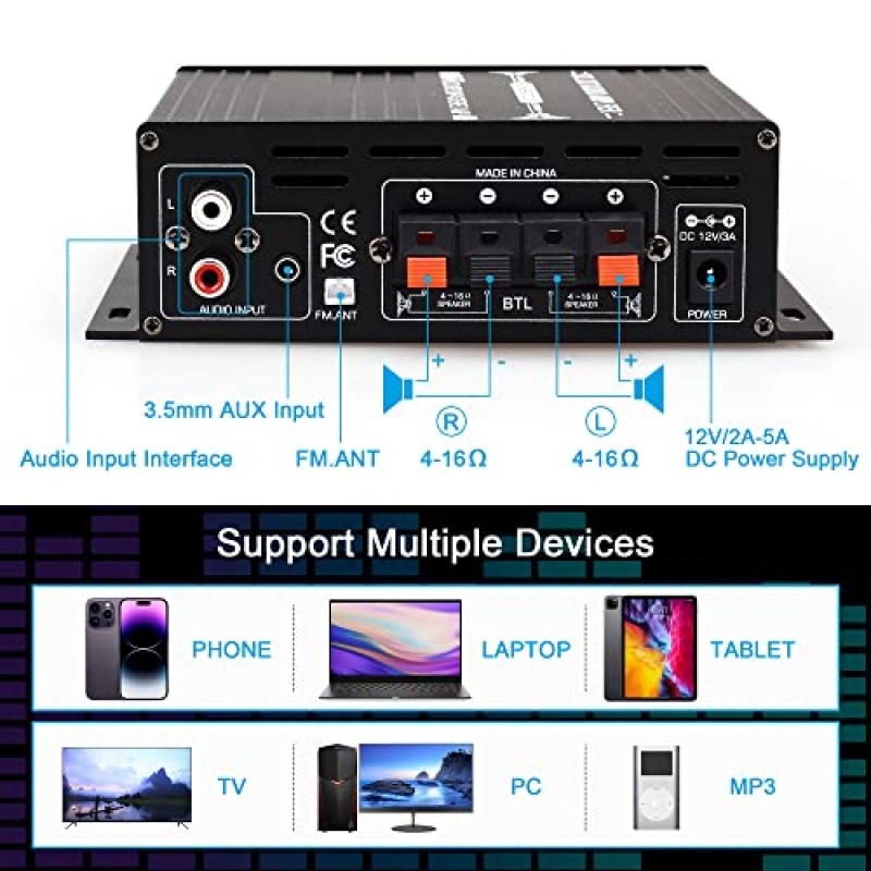 원격 제어 기능이 있는 AK-380 Bluetooth 증폭기, 2.0 Bluetooth 증폭기는 Bluetooth/USB/AUX/RCA 입력 및 FM 라디오 기능을 지원합니다(12V/5A DC 전원 공급 장치 포함)