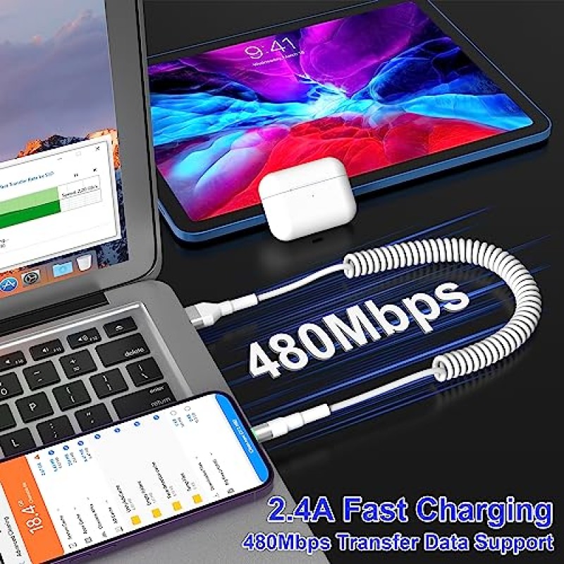 USB-라이트닝 케이블 코일 흰색 2세트, Apple Carplay로 MFi 인증 차량용 짧은 코일 iPhone 충전기 케이블, 접이식 USB 데이터 전송 및 LED 기능이 있는 iPhone 충전기 코드