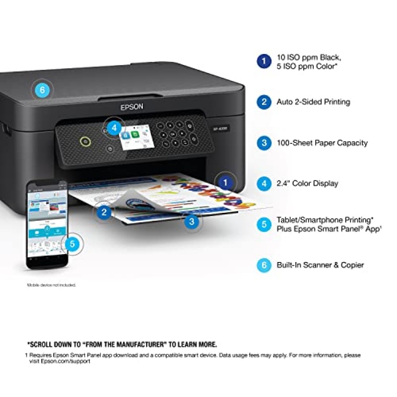 Epson Expression Home XP-4200 스캔, 복사, 자동 양면 인쇄, 경계선 없는 사진 및 2.4인치 컬러 디스플레이 기능을 갖춘 무선 컬러 복합기 프린터, 검정색