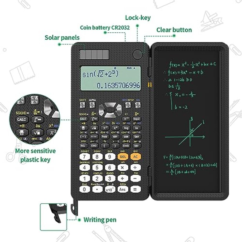 NEWYES 991ES 과학용 계산기(LCD 쓰기 태블릿 포함), 417 기능 태양 에너지 과학 계산기 메모장, 학생용 전문 접이식 계산기 학교 대학