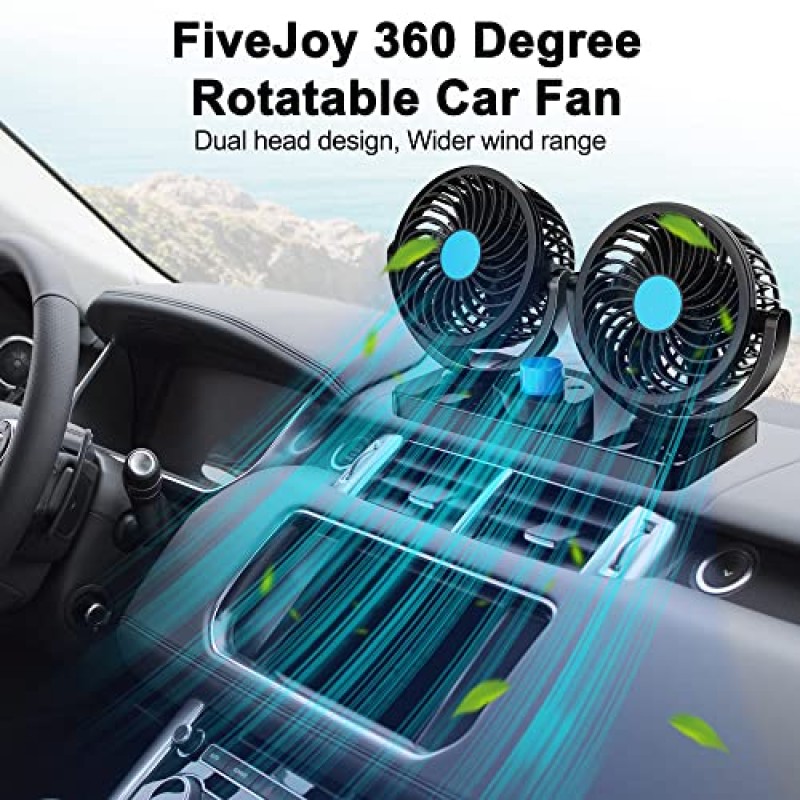 FiveJoy 360도 회전식 자동차 팬 - 12V DC 전기 2단 듀얼 헤드 팬, 세단 SUV RV 보트 자동차 차량 골프 또는 가정용 조용하고 강력한 대시보드 냉각 공기 순환기 팬