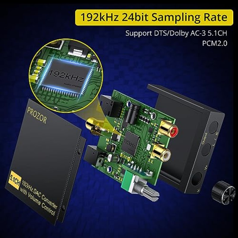 PROZOR 디지털-아날로그 오디오 변환기 지원 Dolby/DTS 디코더, 광학 출력-RCA DAC 디코더, 광학-3.5mm 변환기, 광학/SPDIF/Toslink/동축/DTS/PCM/5.1CH-2CH 아날로그 스테레오