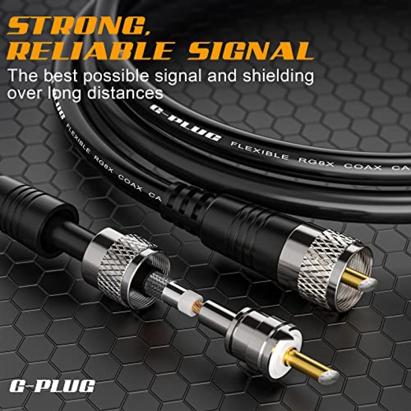 G-PLUG 50FT RG8X 동축 케이블 50Ω – 순수 구리 CB 동축 케이블 UHF 세트 – 매우 내구성이 뛰어나고 유연한 PVC 재킷 – 2X UHF 무선 커넥터가 있는 방수 동축 케이블