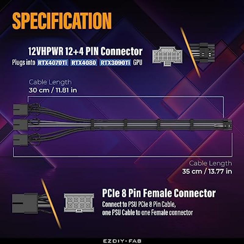 EZDIY-FAB GPU 전원 슬리브 케이블 연장, 16핀(12+4) 12VHPWR PCIe 5.0 커넥터 수 - RTX4070ti/ 4080/ 3090Ti용 3X PCIE 8 핀, 사전 설치된 케이블 빗 -16AWG/검정색 회색