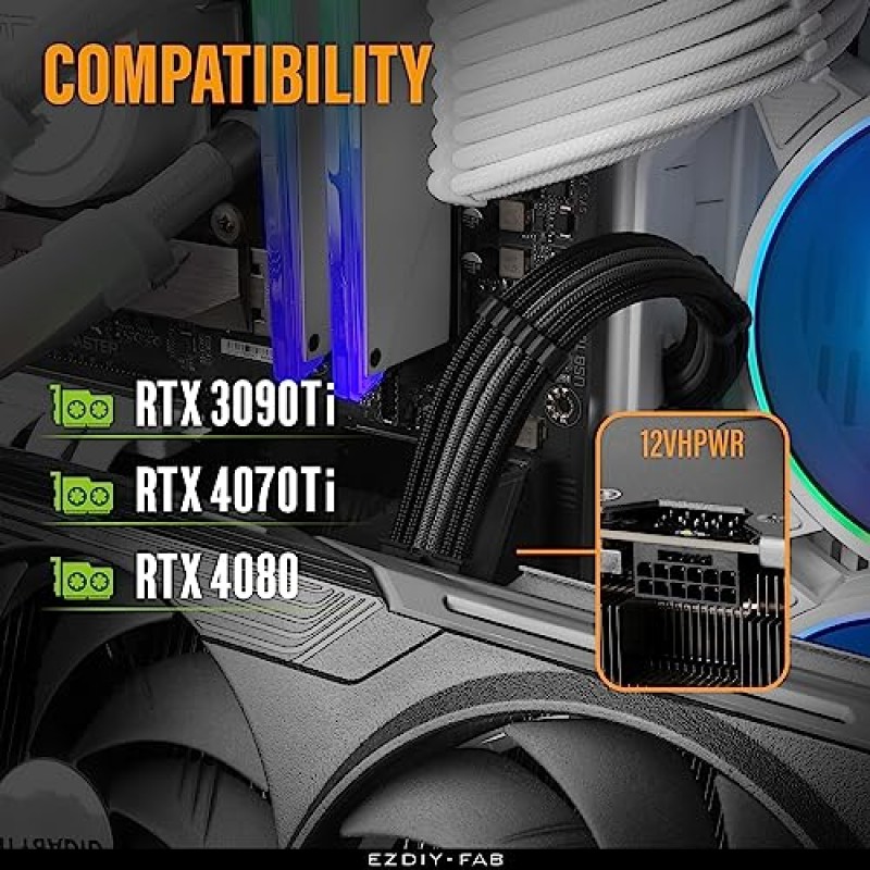 EZDIY-FAB GPU 전원 슬리브 케이블 연장, 16핀(12+4) 12VHPWR PCIe 5.0 커넥터 수 - RTX4070ti/ 4080/ 3090Ti용 3X PCIE 8 핀, 사전 설치된 케이블 빗 -16AWG/검정색 회색