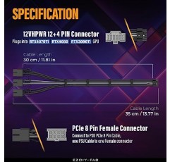 EZDIY-FAB GPU 전원 슬리브 케이블 연장, 16핀(12+4) 12VHPWR PCIe 5.0 커넥터 수 - RTX4070ti/ 4080/ 3090Ti용 3X PCIE 8 핀, 사전 설치된 케이블 빗 -16AWG/검정색 회색