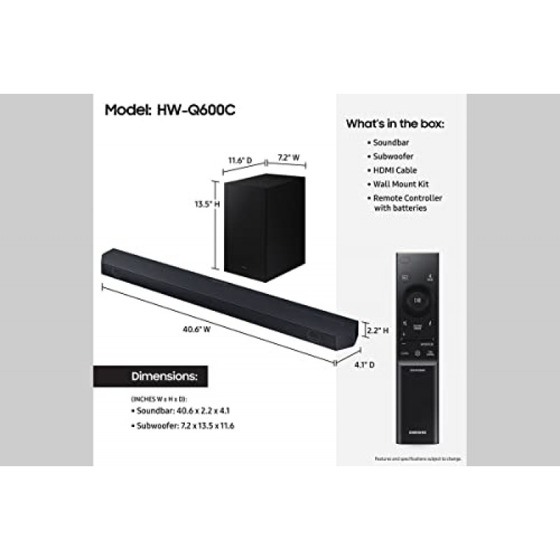 SAMSUNG HW-Q600C 3.1.2ch 사운드바 및 Dolby Atmos 지원 서브우퍼, SASB1-B1 사운드바 마운트, 최대 20LBS 수용(2023)