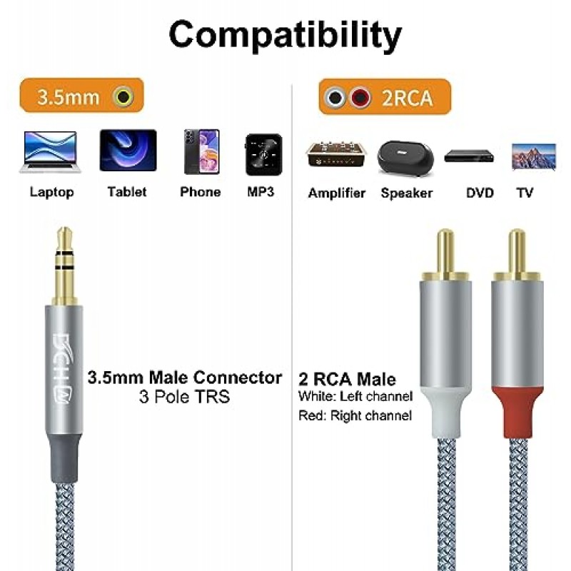 DCHAV 3.5mm - RCA 오디오 케이블 4피트 2 남성 RCA Aux 코드 어댑터 헤드폰 잭 Y 분배기 스피커 스테레오 자동차 서브우퍼 TV MP3 노트북 증폭기 나일론 땋은 와이어 금도금 플러그 빨간색 흰색