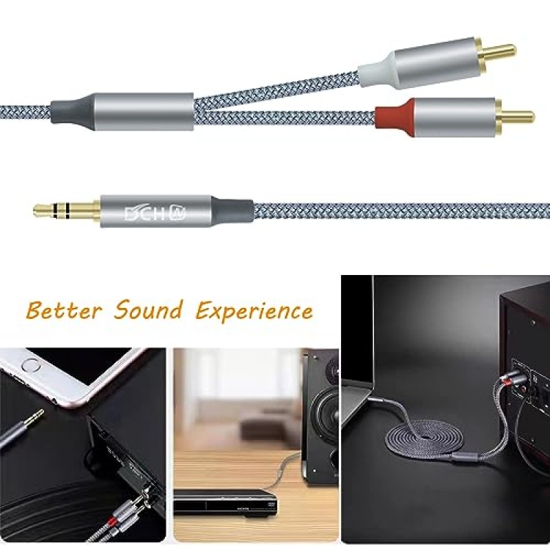 DCHAV 3.5mm - RCA 오디오 케이블 4피트 2 남성 RCA Aux 코드 어댑터 헤드폰 잭 Y 분배기 스피커 스테레오 자동차 서브우퍼 TV MP3 노트북 증폭기 나일론 땋은 와이어 금도금 플러그 빨간색 흰색