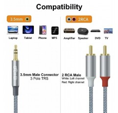 DCHAV 3.5mm - RCA 오디오 케이블 4피트 2 남성 RCA Aux 코드 어댑터 헤드폰 잭 Y 분배기 스피커 스테레오 자동차 서브우퍼 TV MP3 노트북 증폭기 나일론 땋은 와이어 금도금 플러그 빨간색 흰색