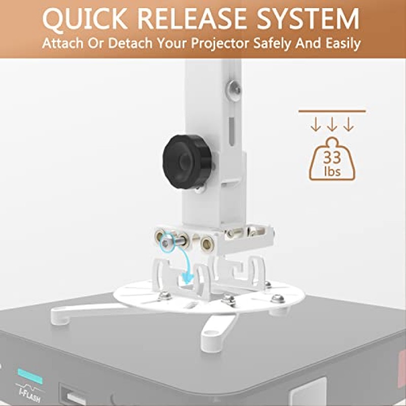JOY 작업자 범용 프로젝터 천장 마운트 벽 브래킷 홀더는 평면 또는 경사진 천장 높이에 적합하며 가정용 및 사무실용 확장형 암으로 조절 가능 프로젝터, 흰색