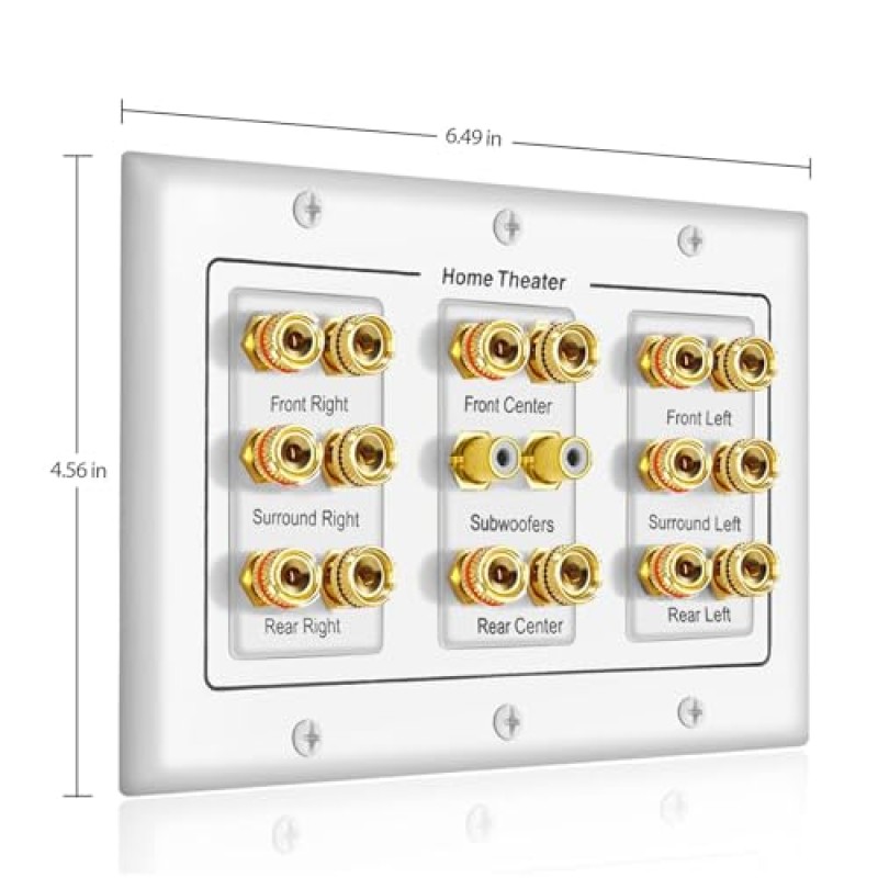 5 6 7.1/7.2 또는 8.1/8.2 서브우퍼 1개 또는 2개 호환 가능 바나나 포스트 16개 및 홈 시어터 오디오용 RCA 스피커 월 플레이트 2개