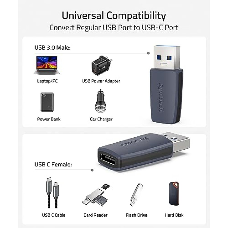 Syntech USB C-USB 어댑터 팩 3개, USB C 암-USB 3.0 수 어댑터, Type C 충전기 케이블 전원 변환기 iPhone 15 iPad Pro와 호환 삼성 S23 Apple Watch Series 9 AirPods CarPlay