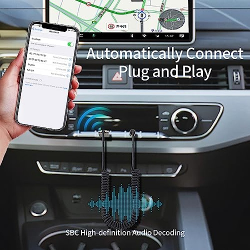 SIYIBAEBY 차량용 Hi-Fi 전송용 Aux Bluetooth 어댑터, 차량용 내장 5.1 Bluetooth Aux 수신기, 음악 및 핸즈프리 통화용 마이크 무선 수신기가 있는 3.5mm 잭에 대한 Bluetooth 어댑터