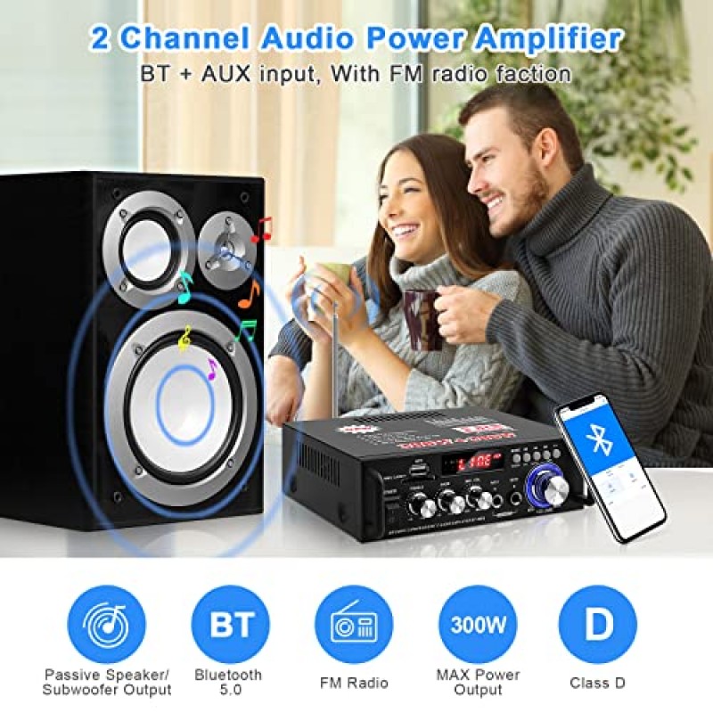 HiFi Bluetooth 오디오 증폭기 298A 미니 스테레오 앰프 RMS 40W 최대 300W 2.0 채널 오디오 전력 증폭기 수신기(가정용 USB FM 마이크 포함, 차량용 스피커 시스템(미국 플러그))