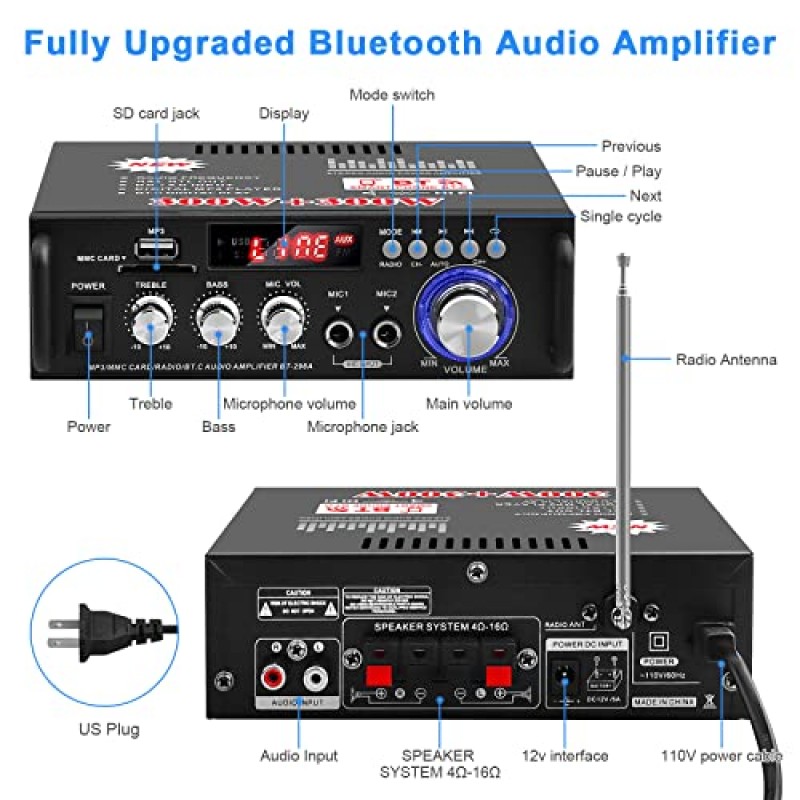 HiFi Bluetooth 오디오 증폭기 298A 미니 스테레오 앰프 RMS 40W 최대 300W 2.0 채널 오디오 전력 증폭기 수신기(가정용 USB FM 마이크 포함, 차량용 스피커 시스템(미국 플러그))