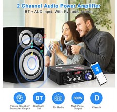 HiFi Bluetooth 오디오 증폭기 298A 미니 스테레오 앰프 RMS 40W 최대 300W 2.0 채널 오디오 전력 증폭기 수신기(가정용 USB FM 마이크 포함, 차량용 스피커 시스템(미국 플러그))