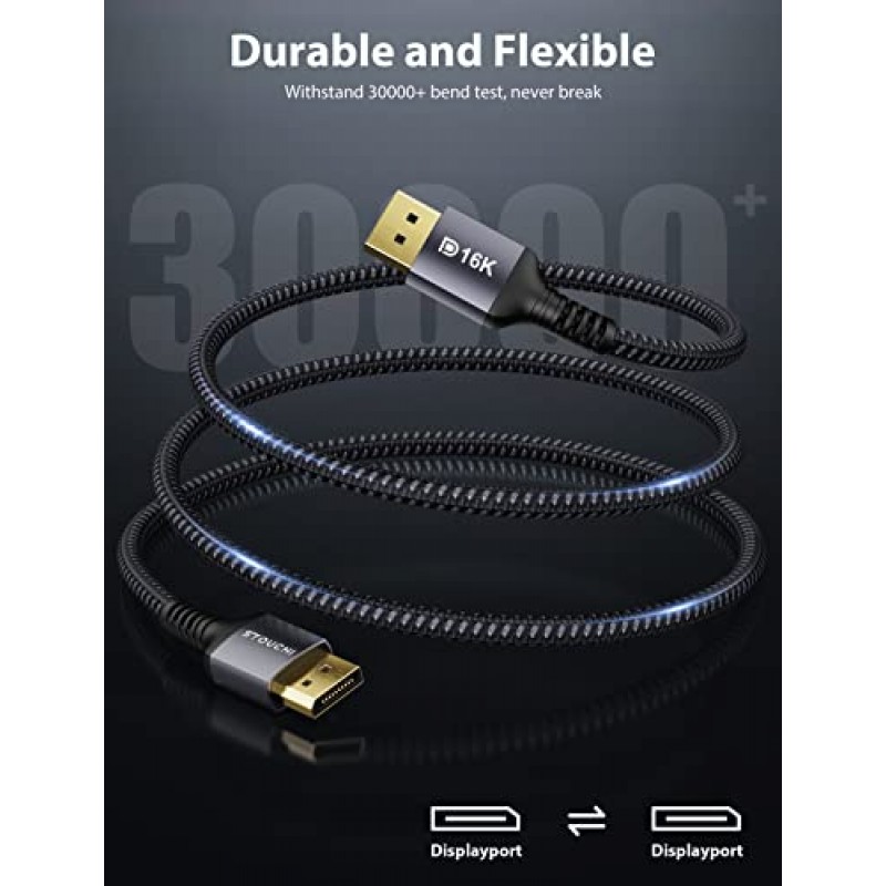 Stouchi DisplayPort 케이블 2.1, 16K 3.3FT/1M DisplayPort 케이블 80Gbps 16K@60Hz, 10K@60Hz, 8K@60Hz HBR3 4K@60Hz/144Hz 5K@60Hz 1080P@240Hz 게이밍 모니터 그래픽 카드용 FreeSync G-Sync HDR10 지원