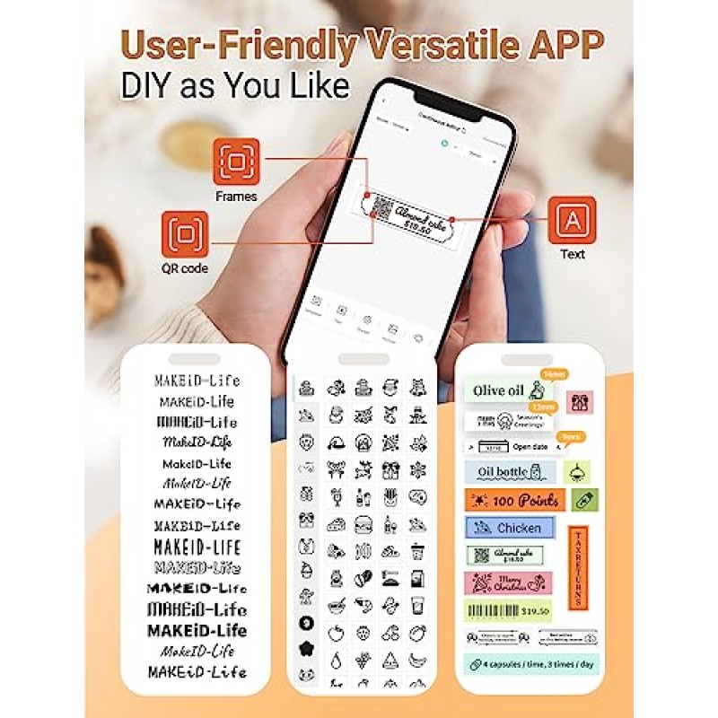 Makeid 라벨 제작기, L1 라벨 제작기 기계, 가정, 학교, 사무실용 휴대용 무선 스티커 라벨 제작기, 여러 글꼴이 있는 충전식 열전사 프린터, 템플릿 - 베이지색, 203dpi
