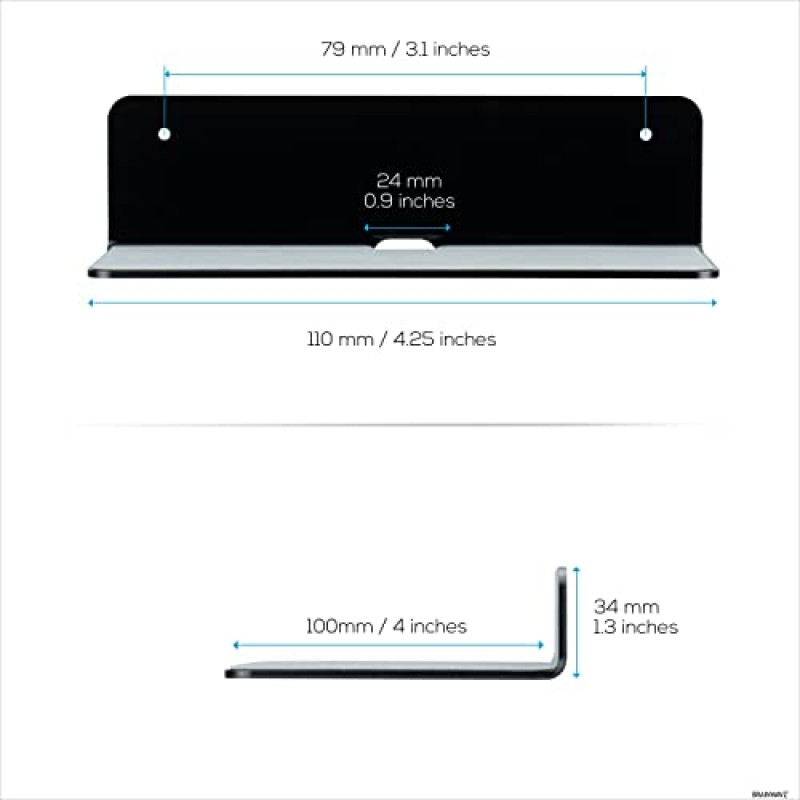BRAINWAVZ 2팩 4인치 소형 플로팅 선반 블루투스 스피커 스탠드, 접착제 및 나사 벽면 장착, 미끄럼 방지, 카메라, 베이비 모니터, 웹캠, 라우터 등용, 범용 홀더(SHELF11 블랙)